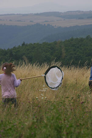 Kinder erkunden eine Wiese bei Koblenz