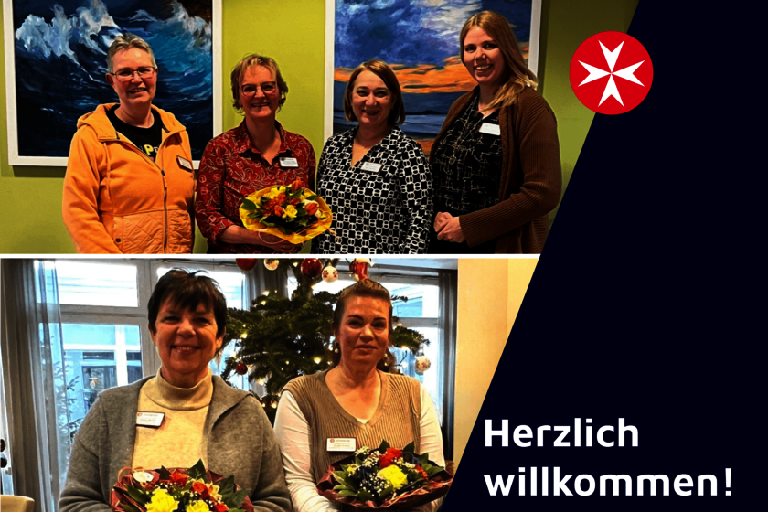 Eine Collage aus Gruppenbildern von insgesamt sechs Frauen. Drei von ihnen halten Blumensträße in den Händen.