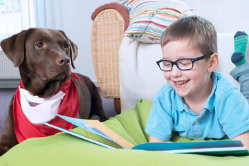 Ein auf einem Kissen liegender Junge liest fröhlich einem Lesehund etwas aus einem Buch vor.