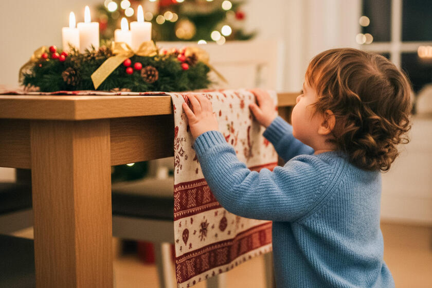 Kleines Kind hält sich an Tischdecke fest. Adventskranz mit Kerzen auf dem Tisch.