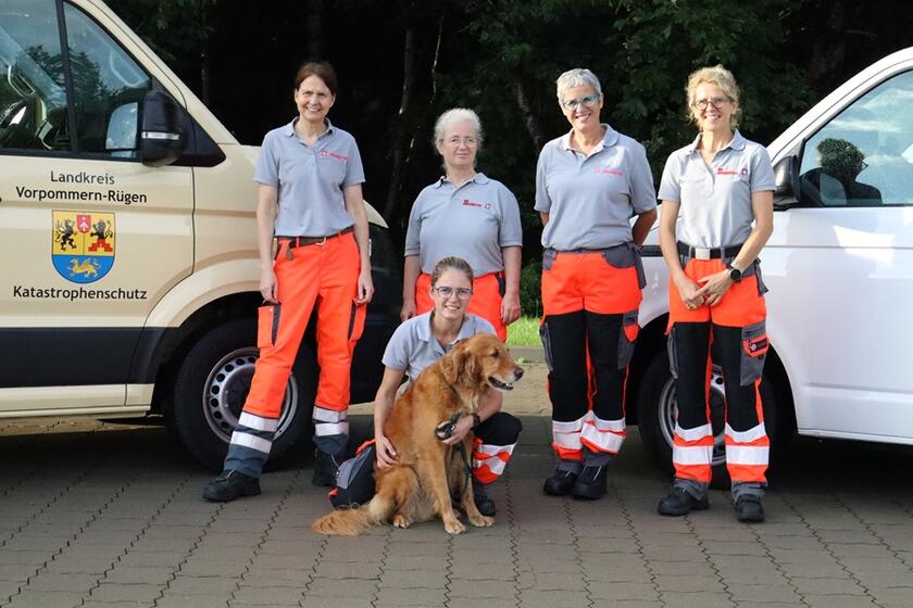 Auf dem Bild sind vier Frauen, im Hintergrund zwei Autos und ganz vorne sitzt ein Hund
