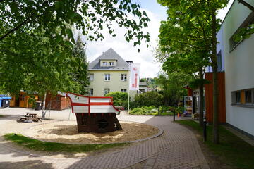 Der Innenhof der Kita Jona mit Spielplatz