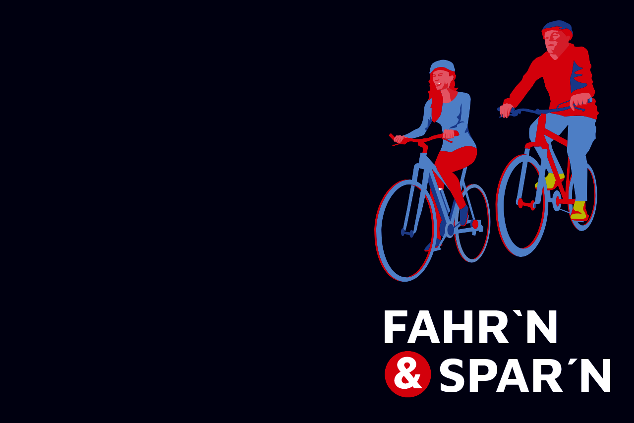 Illustration von zwei Personen auf Fahrrädern vor blauem Hintergrund. Schriftzug: ‚FAHR`N & SPAR´N‘.