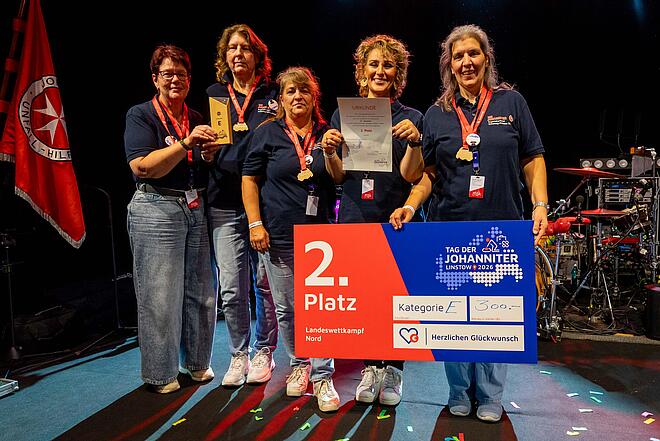Das pädagogische Team der Ganztagsbetreuung Eutin der Johanniter steht auf der Bühne mit einem Scheck über ihr Preisgeld.
