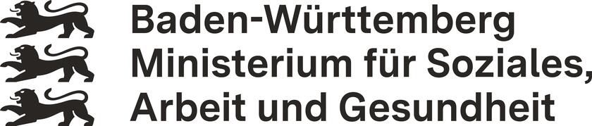 Logo: "Baden‑Württemberg Ministerium für Soziales, Arbeit und Gesundheit" mit drei Löwen‑Wappen.