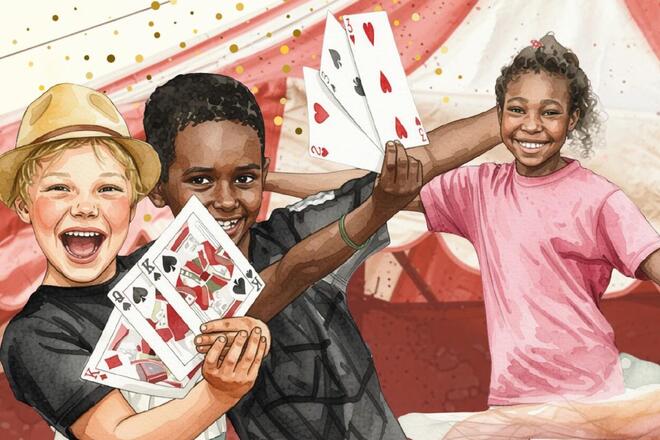 Zeichnung von fröhlichen Kindern beim Workshop mit Spielkarten vor einem Zirkuszelt.