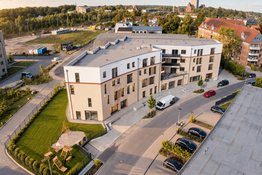 Luftansicht der Wohnanlage mit Betreuung durch die Johanniter in Bad Oldesloe.