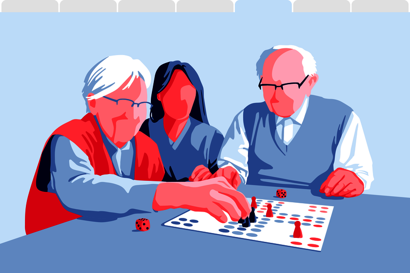 Eine Illustration zeigt eine Seniorin, eine Pflegekraft und einen Senior, die gemeinsam ein Brettspiel spielen.