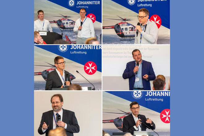 Collage folgender Redner: Victor Schottmüller und Joachim Kies von SPAES, Dr. Christian Hahn vom Klinikum Aschaffenburg, Dr. Sven Rogmans vom Krankenhaus Nordwest, Jörg May vom BWZK Koblenz, Roman Böhmer, ärztlicher Leiter Luftrettung des Landes Hessen; Dr. Maximilian Fausel vom Klinikum Frankfurt Höchst.
