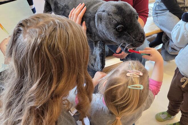 Ein Kind putzt dem Stofftier Goldie mit einer Zahnbürste die Zähne.