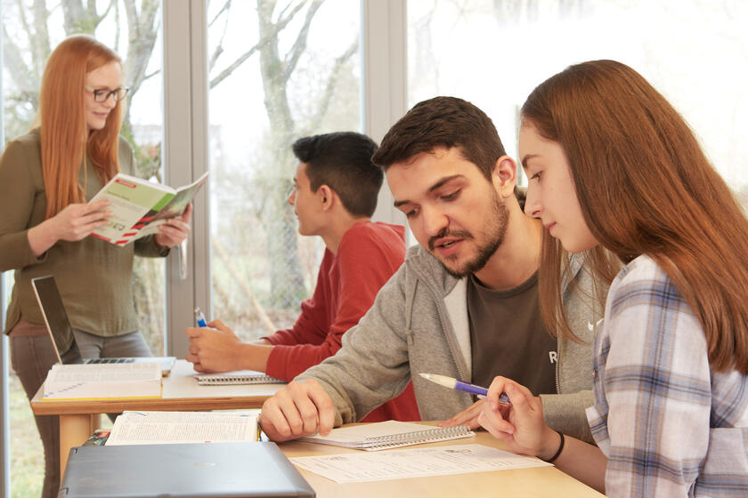 Lernförderung: Gruppe von Jugendlichen mit Notizen, Pädagogen begleitet das Lernen.
