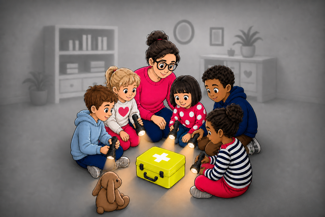 KI-generiertes Bild: Eine Gruppe von Kindern sitzt mit einer Erwachsenen in einem Raum im Kreis und sie schauen gespannt auf eine kleine gelbe, leuchtende Erste-Hilfe-Box in der Mitte. Gegenüber von der Box ist ein Kuscheltier. Die Erwachsene erklärt etwas, alle wirken aufmerksam und neugierig.
