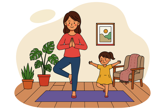 Es ist ein Bild mit einem Kind und einer Frau die Yoga machen dargestellt. 