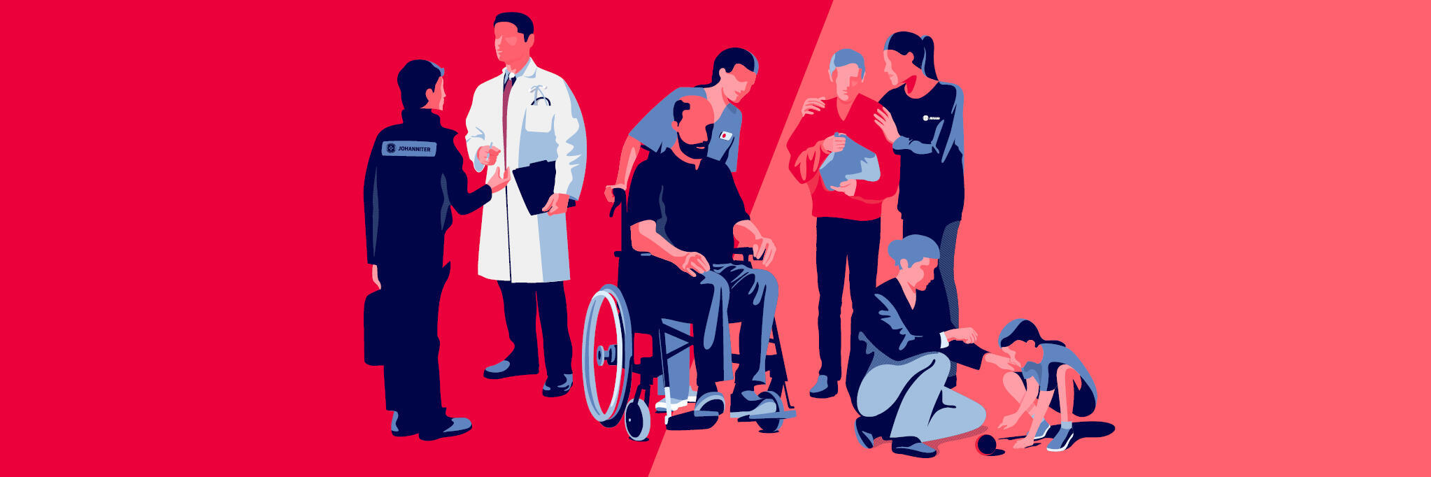 Illustration mit mehreren Personen auf rotem Hintergrund