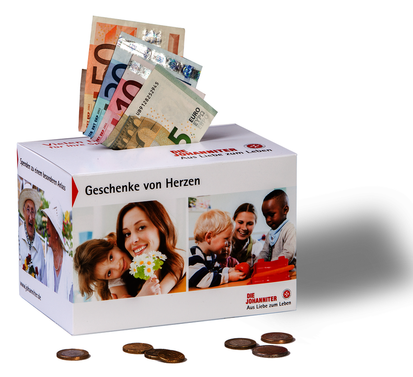 Mit der Johanniter-Spendenbox können Sie auch direkt auf Ihrer Feier um Spenden bitten.