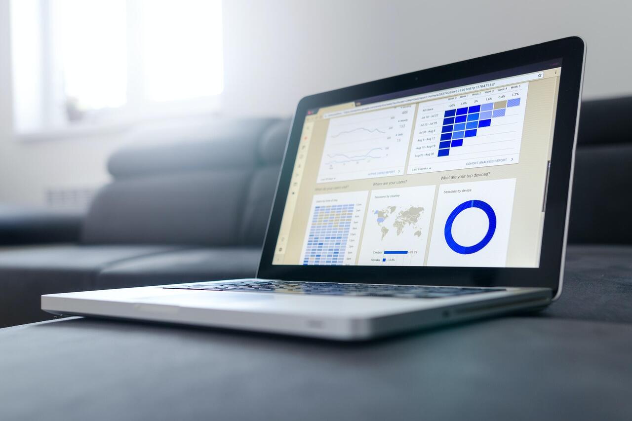 Laptopbildschirm mit Analyse‑Dashboard, mehreren Diagrammen und einem Kreisdiagramm