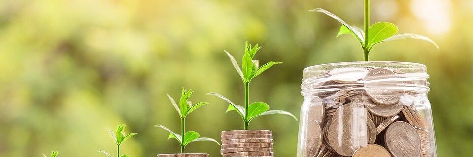 Gestapelte Münzen und ein Glas voller Geld, aus denen grüne Pflänzchen wachsen, symbolisieren finanzielles Wachstum.