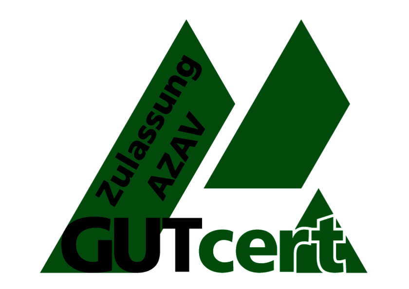 Logo mit grünen Dreiecken und dem Text "Zulassung AZAV" sowie "gutcert".