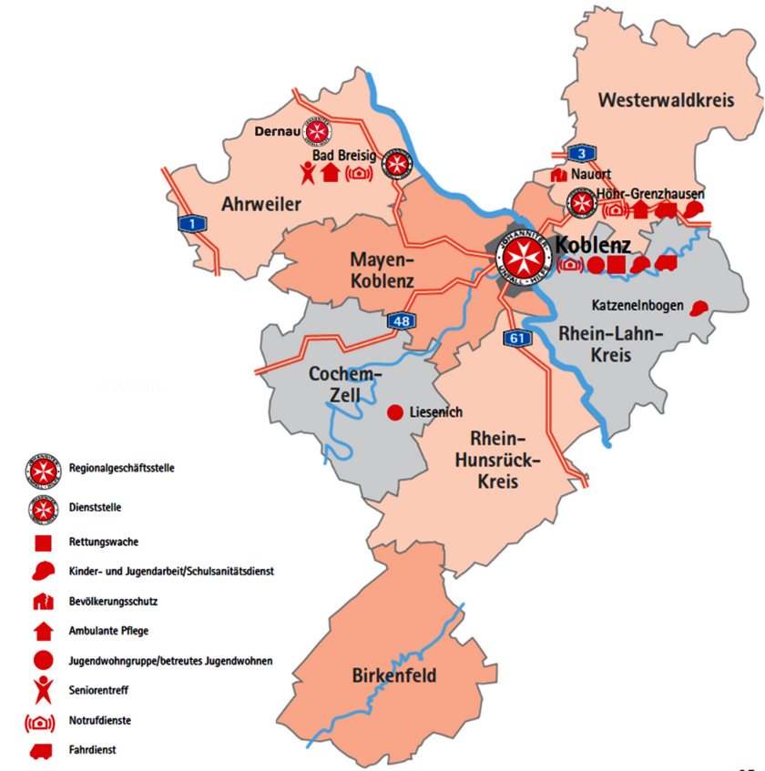 Eine Landkarte in der die Landkreise des Regionalverband Mittelrhein eingezeichnet sind und die Standorte z.B. in Koblenz, Höhr-Grenzhausen, Bad Breisig, Liesenich, Dernau. 