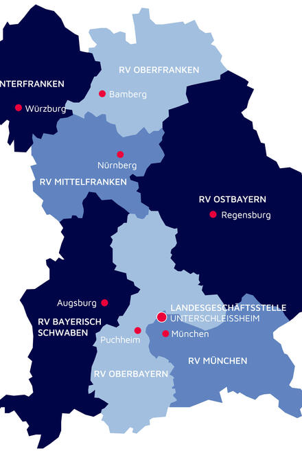 Karte von Bayern, in der die Aufteilung in die Regionalverbände erkennbar ist.