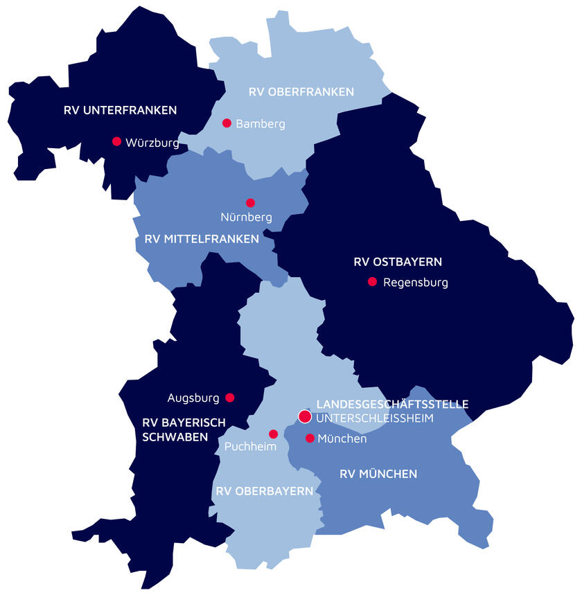 Karte von Bayern, in der die Aufteilung in die Regionalverbände erkennbar ist.