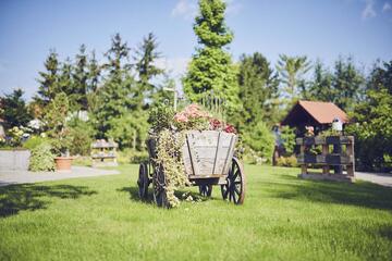 Ein altes Fuhrwerk dient als Blumenbeet