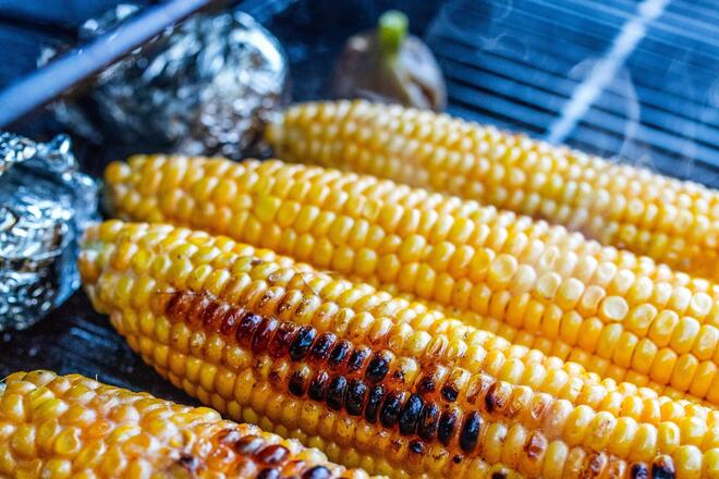 Maiskolben liegen auf einem Grill.