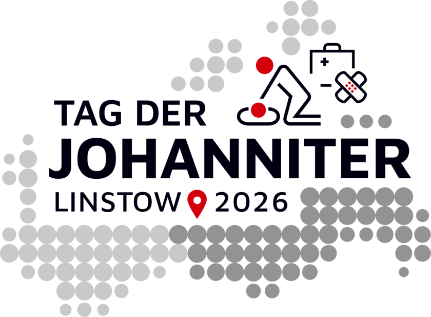 Gezeigt wird ein Logo mit Schriftzug Tag der Johanniter Linstow 2026. Die Umrisse von MV sind grau gepunktet zu sehen. Eine Symbolfigur macht Herz-Lungen-Wiederbelebung.