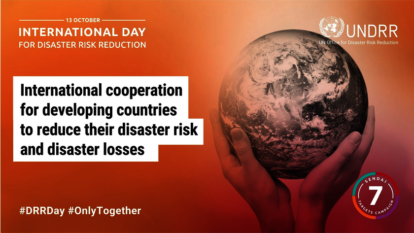 Logo Internationdal Day For Disaster Risk Reduction: zwei Hände halten einen Erdball