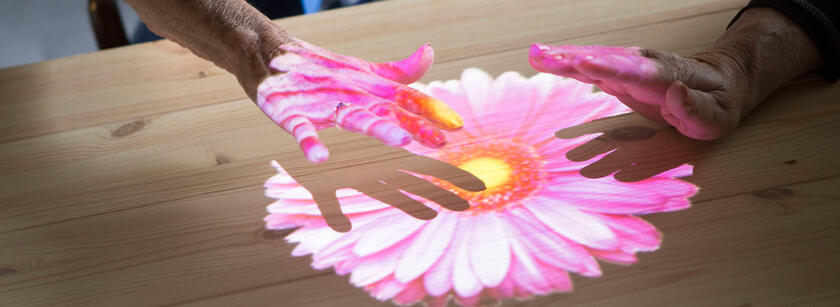 Hände auf einem  Blumenbild, das über die Tovertafel auf einen Tisch projiziert ist.