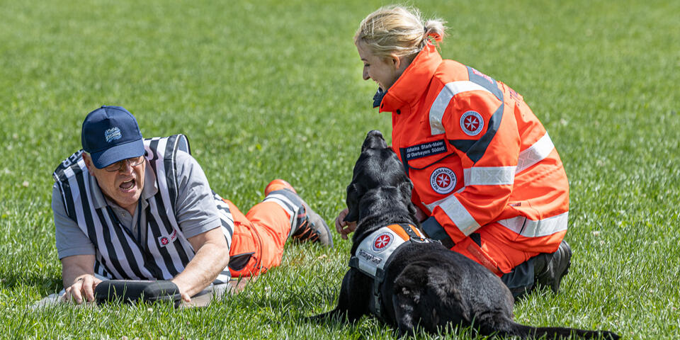 Johanniter-Rettungshund findet liegende Übungsperson, Hundeführerin lobt.