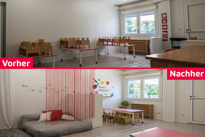 Vorher und Nachher Vergleichsbild aus der KiTa Wolkenschloss