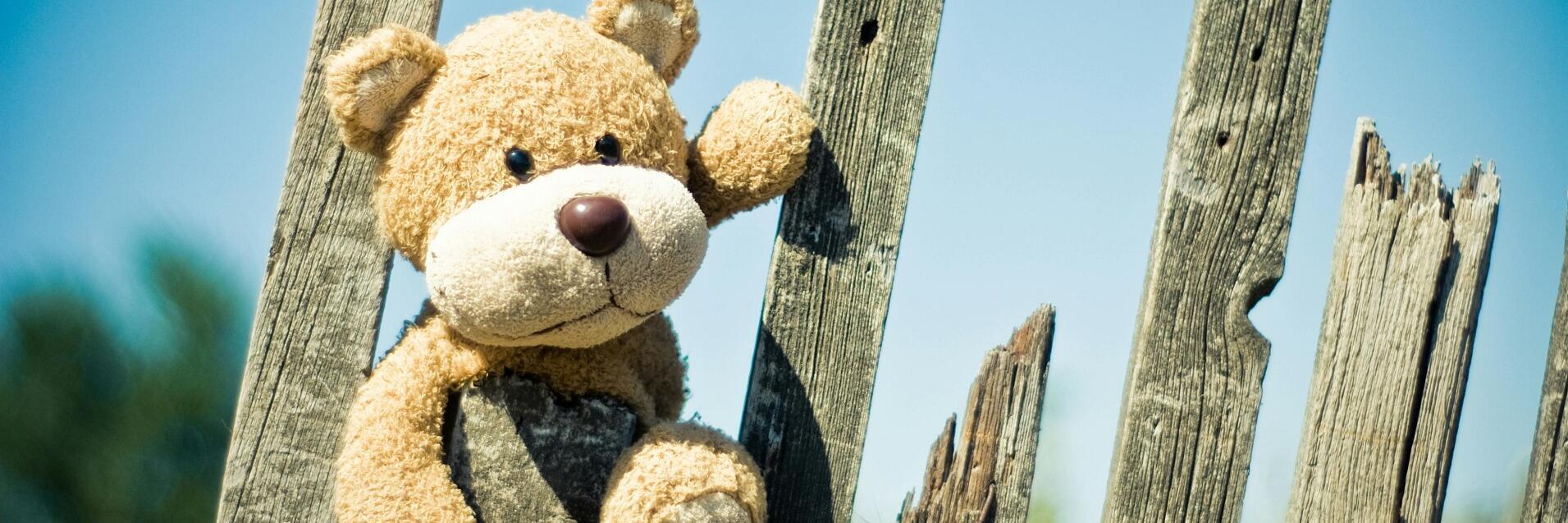 Teddybär sitzt auf verwittertem Holzzaun vor blauem Himmel.