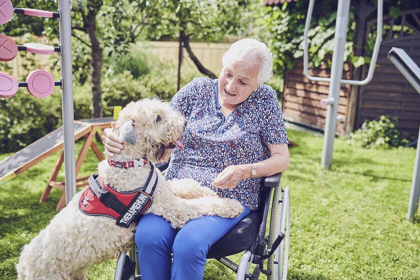 Eine Bewohnerin streichelt einen Therapiehund