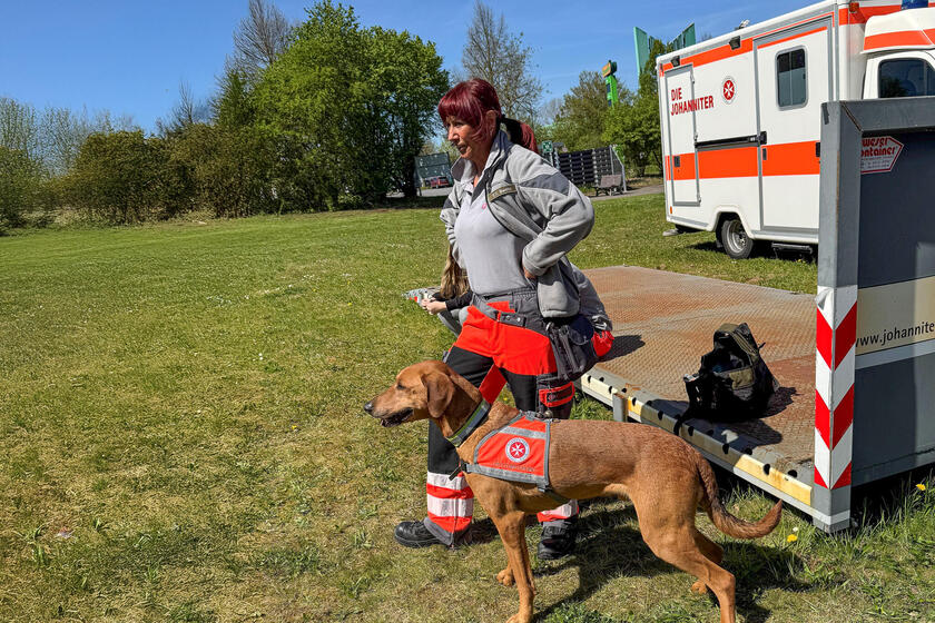 Eine Frau in Einsatzkleidung mit einem Hund auf einer Wiese. Im Hintergrund ist ein RTW