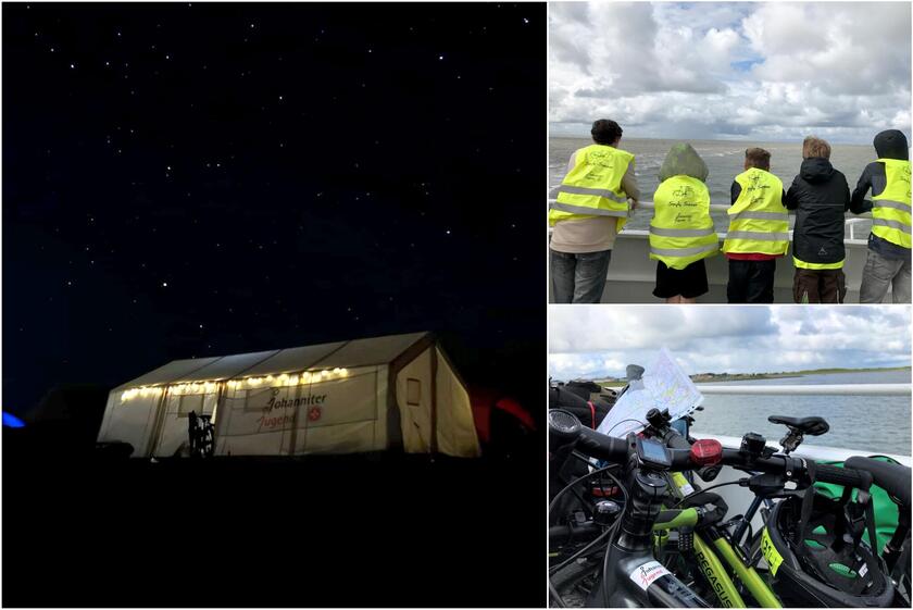 Drei Bilder: links: ein Zelt mit Johanniter-Jugend-Aufdruck nachts vor einem Sternenhimel, rechts oben: vier Jugendliche mit Simply-Summer-Warnwesetn auf einer Fähre vor dem Meer, rechts unten: Nahaufnahme eines Fahrradlenkers mit Johanniter-Jugend-Aufkelber