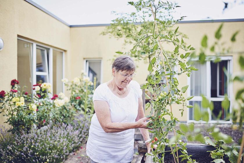 Eine Bewohnerin bei der Gartenarbeit