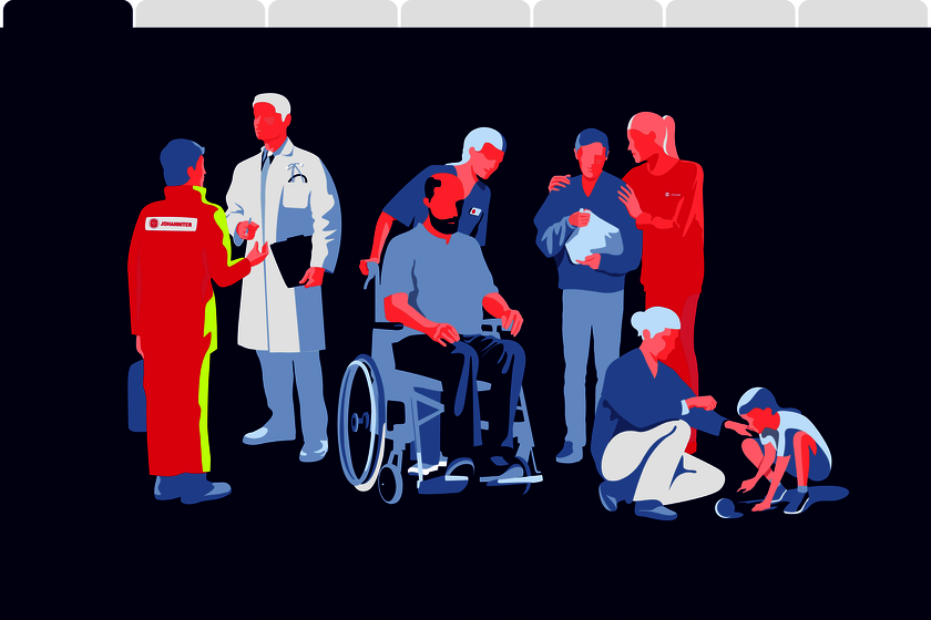 Eine Illustration auf dunkelblauem Hintergrund zeigt Menschen aus verschiedenen Dienstbereichen der Johanniter, wie Rettungsdienst oder Pflege.