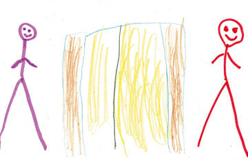 Das Bild wurde von einem Kind gemalt und zeigt zwei Gruppenerzieherinnen, die zum Spielen und Entspannen in die Snoozle-Höhle einladen.