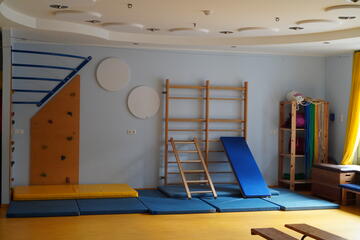 Großer Mehrzweck- und Bewegungsraum mit Turnmatten und Klettergeräten