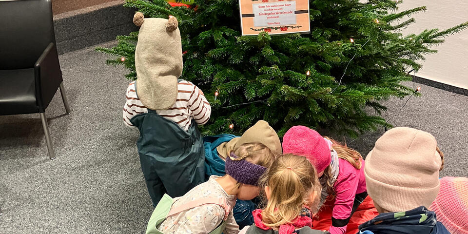 Kinder schmücken einen Weihnachtsbaum