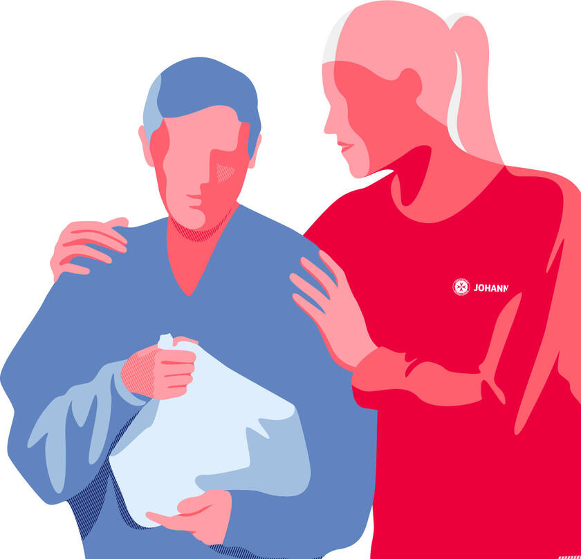 Illustration zeigt, wie Mensch von einem anderen Menschen an der Schultern gefasst und getröstet wird.