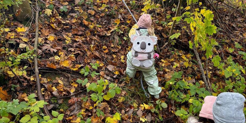 Ein Kind klettert an einem Seil einen Hang hoch.