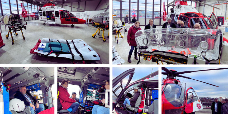 Abordnung aus dem Hessischen Landesamt für Gesundheit und Pflege besichtigt die Einsatzmaschinen des hessischen Dual-Use-Systems. Fotokollage. 