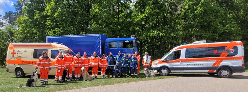Gruppe von Einsatzkräften verschiedener Organisationen steht mit mehreren Hunden vor drei Einsatzfahrzeugen und Bäumen am Waldrand.