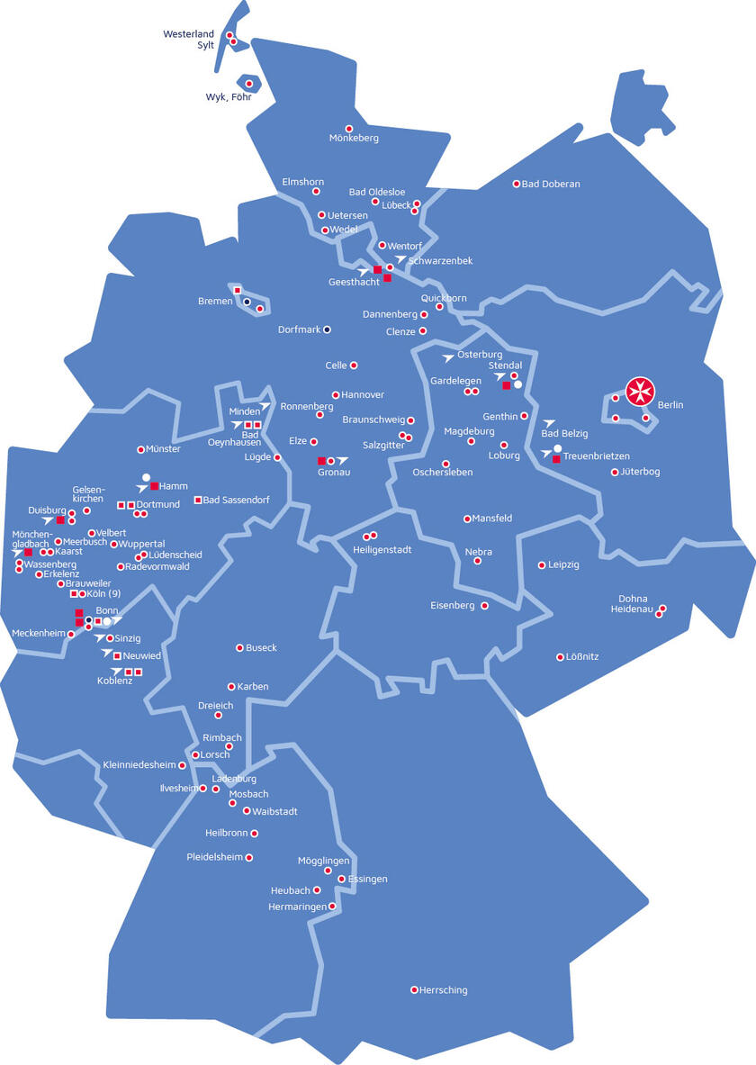Deutschlandkarte mit Standorten der Johanniter