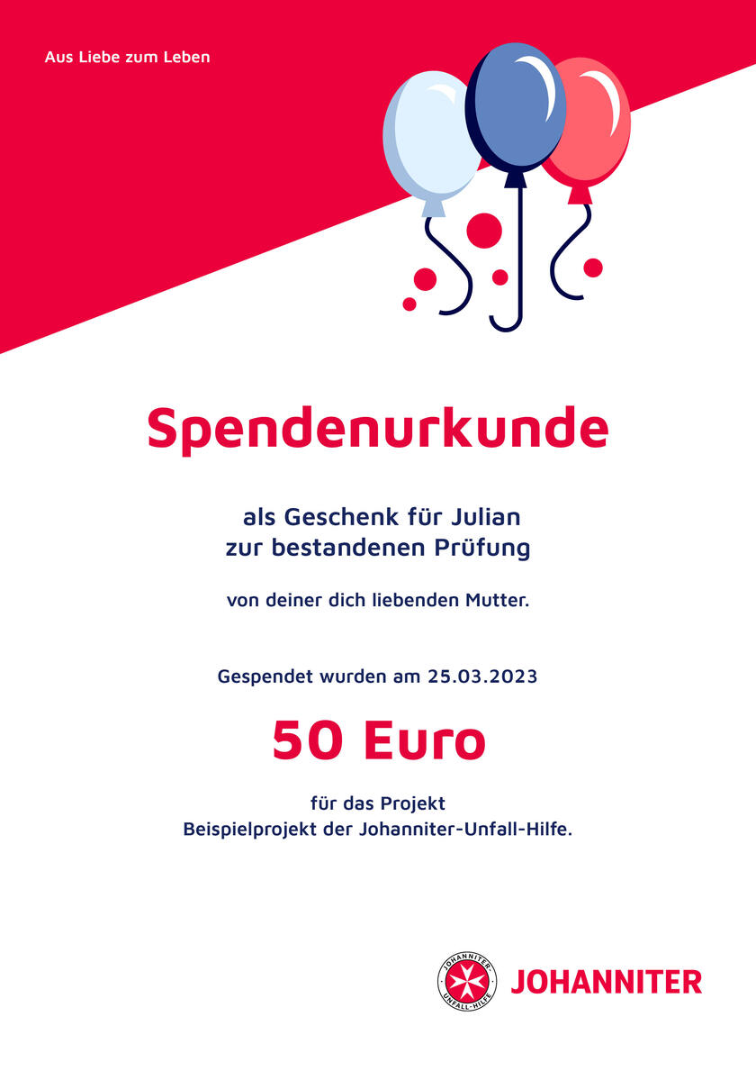 Ihre Spende hilft weiter! Bild einer Spendenurkunde mit Betrag