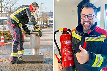 Mann in Schutzkleidung beim Brandschutzhelferkurs, links übt er am Gerät, rechts hält er Feuerlöscher.