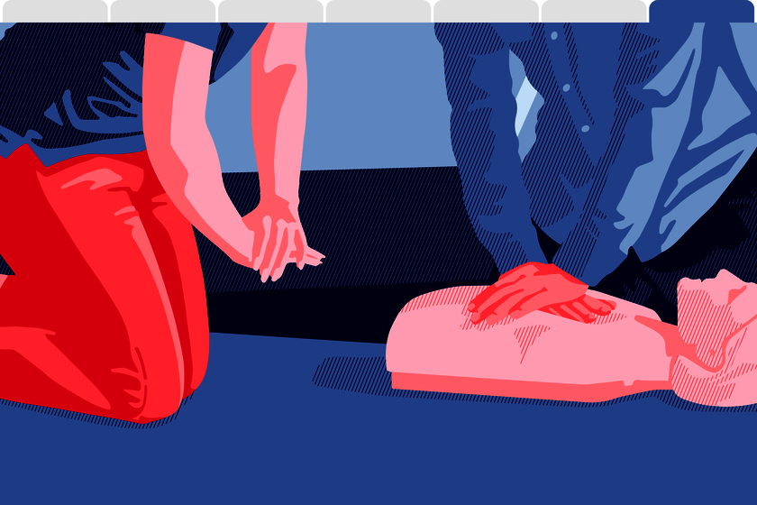 Eine Illustration zeigt eine Situation aus dem Erste-Hilfe-Kurs: Die Herz-Lungen-Wiederbelebung anhand einer Puppe.
