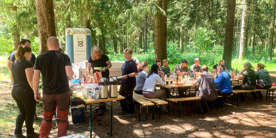 Personen stärken sich mit einer Brotzeit im Wald